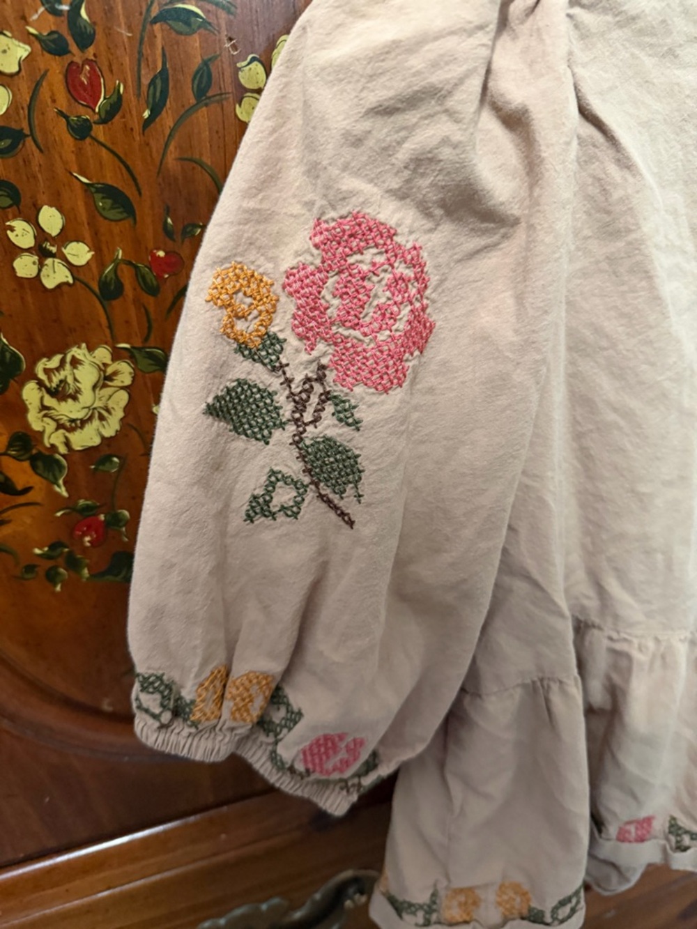 Mable Beige Embroidered Tie-Front Peplum Blouse - Picture 3 of 4